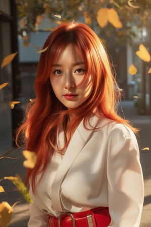 Ultra-wide shot of a striking Korean woman in a vibrant red outfit, with intricate details showcased in a close-up of her face. Her fiery locks are blown by the wind, and the sunlight casts a warm glow on her features. The camera zooms in on her face, emphasizing sharp details and textures. In the blurred background, the rustling leaves create a sense of movement, as if the woman is standing amidst an urban landscape surrounded by falling autumn foliage. Her bright white outfit stands out against the muted tones of nature, highlighted by the subtle shadow of leaves dancing across her face. The belt and accessories on her outfit add a touch of modernity to this whimsical scene.