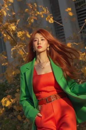 Ultra-wide shot of a striking Korean woman in a vibrant green outfit, with intricate details showcased in a close-up of her face. Her fiery locks are blown by the wind, and the sunlight casts a warm glow on her features. The camera zooms in on her face, emphasizing sharp details and textures. In the blurred background, the rustling leaves create a sense of movement, as if the woman is standing amidst an urban landscape surrounded by falling autumn foliage. Her bright red outfit stands out against the muted tones of nature, highlighted by the subtle shadow of leaves dancing across her face. The belt and accessories on her outfit add a touch of modernity to this whimsical scene.