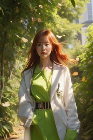 Ultra-wide shot of a striking Korean woman in a vibrant green outfit, with intricate details showcased in a close-up of her face. Her fiery locks are blown by the wind, and the sunlight casts a warm glow on her features. The camera zooms in on her face, emphasizing sharp details and textures. In the blurred background, the rustling leaves create a sense of movement, as if the woman is standing amidst an urban landscape surrounded by falling autumn foliage. Her bright white outfit stands out against the muted tones of nature, highlighted by the subtle shadow of leaves dancing across her face. The belt and accessories on her outfit add a touch of modernity to this whimsical scene.