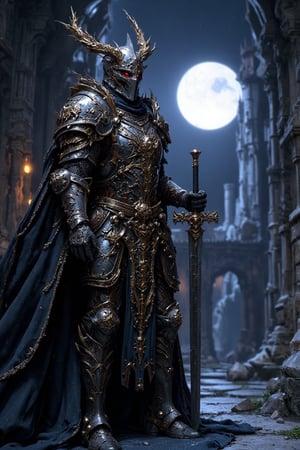 a knight ,  Holding a long sword in his hand,  (he stands outside at the entrance of a castle ), full moon in the background, (full body shot), (maximum ultra high definition image quality ), maximum image detail, maximum realistic render, (((ultra realist style))), realist side lighting, 8K high definition, realist soft lighting, S1n0z1ck style,