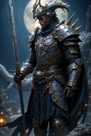 a knight ,  Holding a long sword in his hand,  (he stands in front of dragon ), full moon in the background, (full body shot), (maximum ultra high definition image quality ), maximum image detail, maximum realistic render, (((ultra realist style))), realist side lighting, 8K high definition, realist soft lighting, S1n0z1ck style,