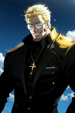 solo male, Alexander Anderson, Hellsing, Catholic priest, tall, short silver-blond hair, green eyes, tanned skin, defined squared jaw, facial hair, wedge-shaped scar on left cheek, round clear glasses, red and golden medieval armor, fancy armor, large bejewled golden crown on top of his head, the golden band encasing his entire skull, Kingly circular golden crown lined with sparkling jewels and gems atop his head rising high above it, golden vambraces, single silver cross necklace, early 30's, imposing, tall, handsome, charming, alluring, cheshire grin, standing, upper body, perfect anatomy, perfect proportions, best quality, masterpiece, high_resolution,  standing on an open field, bloody and injured, dual wielding, holding bayonets, dead bodies surrounding him