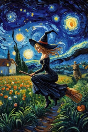 A halloween landscape with a sexy witch on her broom  at night. The sky is vibrant with swirling, starry patterns inspired by Van Gogh's style, while the land is depicted in a more impressionistic oil on canvas technique. Add a scarecrow in the field. Deep, bold brushstrokes highlight the texture of the fields, the glowing light from the house windows, and the motion of the stars in the sky.,Oil In Canvas.Kiko,VanGogh