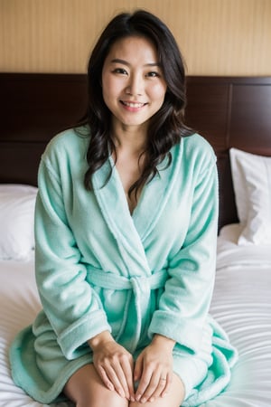 beautiful east asian lady, big smile, dark makeup, green eyes, hyperdetailed photography, soft light, head and shoulders portrait, cover, laying in a Bathrobe in a Hotel Bed