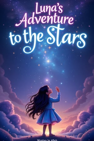 A captivating cover illustration of Luna, a young girl with long, flowing black hair and a sparkly dress that glimmers like stardust. She stands in awe beneath a magical night sky, illuminated by a myriad of stars twinkling above her. The sky is painted with soft purples, blues, and silvery whites. The title, Luna's Adventure to the Stars, glows in a playful, cosmic font at the top. At the bottom, Written by Aftab is etched in an enchanting, glowing script, adding a magical touch to the scene.