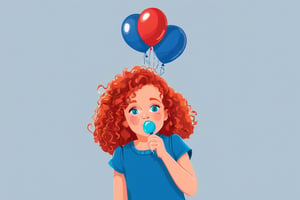 AiArtV, Flat Illustration, Vector Illustration, 1 girl, only this one girl no other people, 10 year old girl with bright red curly hair shoulder length, blue eyes, surprsie party for someone with ribbons and balloons. she is looking into the camera, holding 1 finger on her mouth to silence everybody