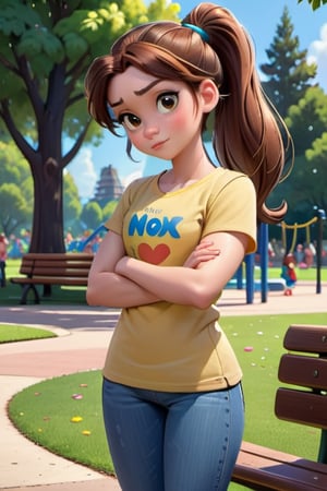 In a park setting with trees and benches, playground in the background,  a little girl with long brown hair in ponytail, wearing a yellow t-shirt and blue jeans, looks away with a serious expression, her arms crossed in front of her, disney pixar style