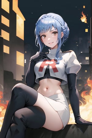 Team Rocket, cropped jacket, white jacket, crop top, jacket, gloves, black gloves, elbow gloves, navel, midriff, white skirt, miniskirt, skirt, black thighhigh boots,military_uniform,looking at viewer, city, night, sky, (intricately detailed, hyperdetailed), burning building background,depth of field, best quality, masterpiece, intricate details, tonemapping, sharp focus, hyper detailed, trending on Artstation,1 girl, high res, official art,evil smile,crossed_legs_(sitting),marianneuniform, crown braid,blue_hair,brown_eyes