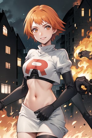 Team Rocket, cropped jacket, white jacket, crop top, jacket, gloves, black gloves, elbow gloves, navel, midriff, white skirt, miniskirt, skirt, black thighhigh boots,looking at viewer, city, night, sky, (intricately detailed, hyperdetailed), burning building background,depth of field, best quality, masterpiece, intricate details, tonemapping, sharp focus, hyper detailed, trending on Artstation,1 girl, high res, official art,evil smile,Leonie,short_hair,orange_hair