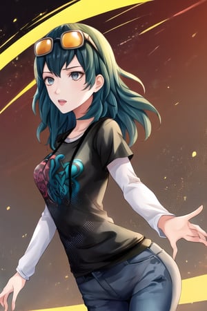 1 girl, eyewear on head,black t-shirt, layered sleeves, jeans,byleth