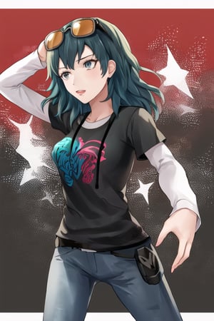 1 girl, eyewear on head,black t-shirt, layered sleeves, jeans,byleth