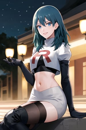 Team Rocket, cropped jacket, white jacket, crop top, jacket, gloves, black gloves, elbow gloves, navel, midriff, white skirt, miniskirt, skirt, black thighhigh boots,military_uniform,looking down at viewer, china, asiática, city, night, sky, (intricately detailed, hyperdetailed), blurry background,depth of field, best quality, masterpiece, intricate details, tonemapping, sharp focus, hyper detailed, trending on Artstation,1 girl, high res, official art,evil smile,crossed_legs_(sitting),byleth, blue eyes, blue hair,FEMBYLETH