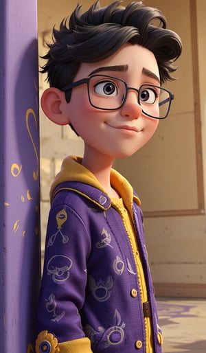 KAWAII boy, squared eyeglasses, looking to viewer, leaning against wall, purple and yellow accent, and beautiful jacket, memorable photos, create figure 2,3d animation style