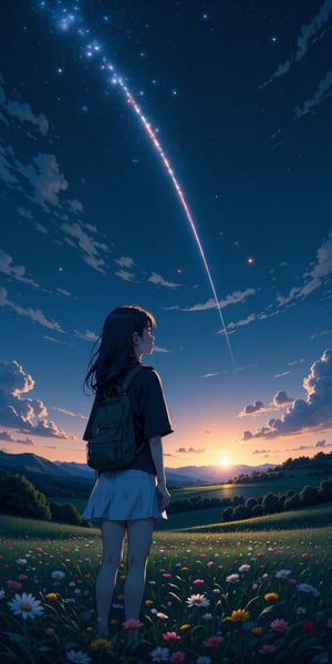 A starry night sky with a meteor streaking across, as a teenage girl gazes in awe at the breathtaking scene, fields, moon light, beautiful scenery. The image features cool colors and an artist theme, rendered in a Studio Ghibli art style with rich composition, side angle view, 8k resolution, and HDR quality.,VNS_Add more details,