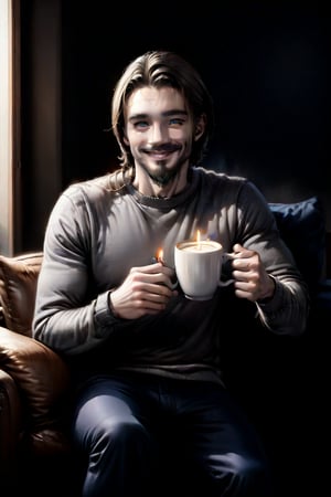 a man with long dark hair and a beard is seated on a sofa, holding a white coffee mug in his hands. He is smiling, with a smile on his face. The sofa is adorned with a gray sweater, a black t-shirt, and dark blue pants. In front of him, a round coffee table with three lit candles on it is placed, adding a touch of warmth to the scene. To the right of the image, a fireplace is visible. The background is blurred, suggesting a natural setting. Blue eyes.