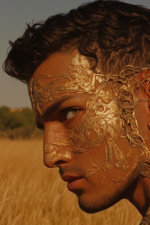 A close-up portrait of a man with a stylish, oily quiff hairstyle, artfully combed over to emphasize his strong jawline and sharp cheekbones. His light brown skin, reminiscent of a Mexican complexion, is enhanced by striking golden face ornaments featuring tribal motifs with intricate carvings and bold, chunky chains that add a sense of power to his expression. The background is a soft blur of a vibrant savanna, with hints of golden grasses and distant trees. The angle is slightly below eye level, creating a dynamic perspective that accentuates his features. The diffused light casts a warm glow, illuminating the ornaments and creating a regal atmosphere around him, embodying perfection style v3.