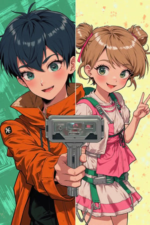 a boy with short dark blue hair wearing a bright orange jacket with a high collar,extending a futuristic high-tech device towards the viewer. Beside him,a smiling girl with short light brown hair in pigtails wears a pink and white outfit with a short skirt and white top,also pointing a sleek,metallic device forward. Both devices feature green and white accents. The background is split: green with geometric patterns on the left,yellow with a light gradient on the right,framing the characters centrally,FFAIM,,fantstyle,,,FFAIM,,,,,,,aidmaMJ6.1,


J Horror Anime,mythp0rt