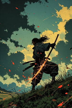 An anime illustration of a samurai inspired by Musashi Miyamoto in the midst of practicing a precise diagonal slash in an expansive grassy landscape, capturing the essence of a master swordsman. The samurai is portrayed in mid-movement, his body slightly rotated, delivering a swift diagonal cut with his gleaming katana. His stance exudes both power and grace, with his front foot firmly planted while the back foot pivots smoothly, showcasing the refined balance and poise of a seasoned warrior. His arms are extended, the katana slicing through the air with such sharp precision that it almost seems to hum.

The wind is depicted as a powerful, almost supernatural force, whipping through the grass in waves and causing leaves to scatter wildly in all directions, enhancing the scene's intensity. Some leaves trail close to the samurai’s blade, appearing almost magnetically drawn to its edge. His long hair flows dramatically behind him, accentuating his cold, determined expression, exuding a commanding aura. Above him, dark, stormy clouds loom, their shadows stretching across the field, setting a dramatic mood. A sudden flash of lightning strikes the katana’s blade, illuminating the steel with a radiant, electric glow that crackles along its edge, adding an almost mythical element to the moment.

The background emphasizes a vast horizon with distant rolling hills, creating a sense of vastness and solitude. The interplay of light and shadow dances across the landscape, the overcast sky contrasted by the flickering lightning, casting stark highlights on the samurai’s figure. This electrifying scene captures the raw, unwavering focus and strength of a lone swordsman in the throes of disciplined training, embodying the relentless spirit of Musashi.