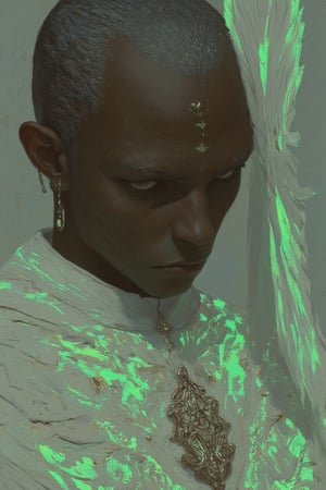 A hyper-realistic close-up of a clergy member dressed in a modern Divinity Clergy robe with neon green glowing embroidery along the collar and chest, forming elegant and complex patterns. The clergy collar is crisp and white, highlighting the simple silver cross necklace resting on his chest. His expressionless face is framed by sharp facial features, with a pair of piercing gray eyes that lock onto the viewer. White angel feathers softly touch his brow and extend over part of his jawline, their texture contrasting with his stern, immobile expression. The lighting is soft, with a faint green glow reflecting off the embroidery and illuminating the edges of the feathers.