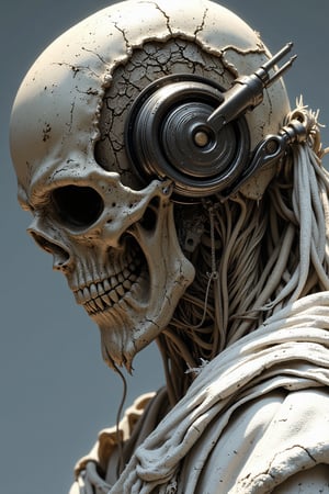 A hyper-realistic close-up of a skeleton’s skull from a slightly over-the-shoulder angle, capturing the side of the face and part of the upper spine. The skeleton is wearing a white, tattered tunic with frayed edges, giving it a ghostly and ancient look. It has on a pair of Apple AirPods Max, their metallic space gray finish and cushioned ear pads creating a stark contrast with the rough texture of the skull and clothing. The lighting is focused and clear, highlighting the fine details of the bone structure and the high-tech design of the headphones, creating an eerie juxtaposition of modernity and decay.


.,ne0nfant4sy,mythp0rt