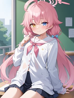 hoshino (blue archive),Pink hair,heterochromia,No hair accessories,ahoge,Student clothes