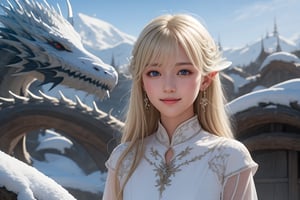 dragon, birds,  girl with dragon, open sky, open landscape, wide angle shot, big background, full visible background, detailed background, full upper body visible,(full upper body:1.6), nature, mountain, snow, royal dress, half body view, straight camera from front, cowboy photoshoot, eye level shoot, front shoot, 1 girl, very bright backlighting, solo, {beautiful and detailed eyes}, dazzling light, calm expression, natural and soft light, hair blown by the breeze, delicate facial features, white blonde hair, Blunt bangs, beautiful elvish girl, eye smile,  very small earrings, 16yo, film grain, realhands, shy smile,Realism, looking towards me, body towards me, fantasy landscape, fantasy background, friendly setting,  zeone,blue dragon,white dragon