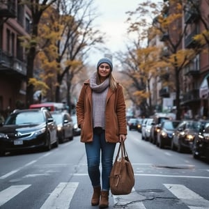 Half-length photo standing on one of the main streets of New York wearing fall clothes