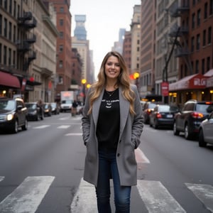 Half-length photo standing on one of the main streets of New York wearing fall clothes