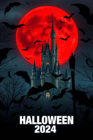 Super huge, crimson moon, spooky castle, poster of a movie about Halloween 2024, bats flying everywhere, darkness covering