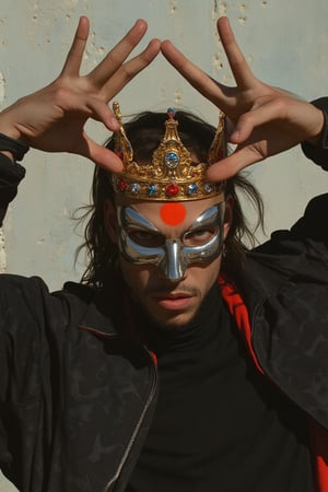 A straight shot face close-up portrait reveals a man exuding a commanding presence, adorned with an ornate golden crown that glimmers in the light. His sleek chrome full-face mask reflects the environment, adding an air of mystery. A striking red half-moon symbol is prominently displayed on his forehead, contrasting sharply with the metallic surface of the mask. He wears an avant-garde, asymmetrical oversized jacket that drapes stylishly over a fitted turtleneck, merging high fashion with urban aesthetics.

The man confidently performs the 'Double King with 3-Point Crown' gang sign, with both hands raised high above his head. Each hand forms a distinct "K": the pinky and index fingers extended outward while the middle fingers are slightly bent, enhancing the three points of the crown. The right "K" is slightly elevated above the left, creating a dynamic visual balance. His expression, though partially obscured by the mask, radiates strength and confidence, perfectly embodying themes of power and loyalty. The background features muted urban elements, subtly enhancing the character’s powerful vibe while emphasizing the intricate details of the gang sign.,Midjourneyart,animaport,,perfection style v3