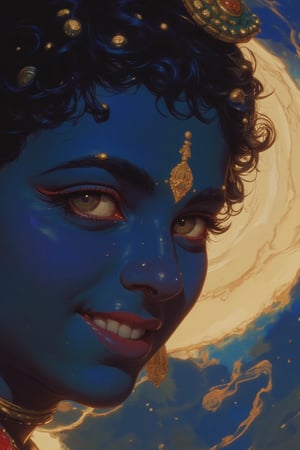 A close-up portrait of Lord Krishna with a gentle smile, showcasing his captivating features. His skin is a rich shade of blue, symbolizing his divine nature. Krishna's almond-shaped eyes shine with mischief and love, highlighted by a subtle glow. He wears intricate gold jewelry, including earrings and a necklace, that sparkle against his skin. A soft halo of light surrounds his head, enhancing the divine ambiance. The background is a dreamy blur of swirling colors that evoke a sense of spirituality and grace, focusing attention on Krishna's joyful expression.