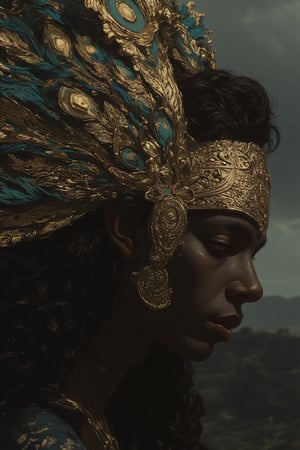 A detailed side profile close-up shot of a clean-shaven, 25-year-old Indian man with dark skin, reminiscent of storm clouds. His long, flowing, curly hair cascades down his back. His tranquil, expressionless face is complemented by his glowing golden eyes, reflecting an otherworldly wisdom. He wears an ornate golden crown adorned with vibrant peacock feathers, which are clearly visible in the frame and add to the ethereal atmosphere. The side profile captures the intricate details of the crown and the gold ornaments as they softly shimmer under diffused lighting, emphasizing his divine presence and the radiant aura around him.