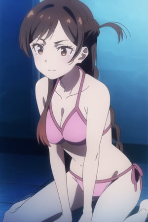 mizuhara in sexy pink bikini, 1girl, brown hair, long hair, bangs, one side up, braid, brown eyes