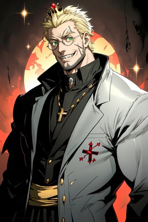 solo male, Alexander Anderson, Hellsing, short silver-blond hair, green eyes, tanned skin, defined squared jaw, golden beard, wedge-shaped scar on left cheek, round clear glasses, red and golden medieval clothes, fancy embroidered silk clothes, royal family outfit, white gloves, large bejewled golden crown on top of his head, the golden band encasing his entire skull, Kingly circular golden crown lined with sparkling jewels and gems atop his head rising high above it, single silver cross necklace, early 30's, imposing, tall, handsome, charming, alluring, evil grin, standing, upper body, perfect anatomy, perfect proportions, extremely muscled, broad shoulders, best quality, masterpiece, high_resolution, dutch angle, cowboy shot, photo background, 