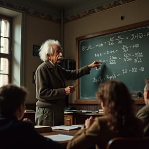 Albert Einstein teaching students physics in Moscow, Soviet Union in a class in 1950s. Writing equations on board with chalk, 1950s ambiance, soviet russian aesthetics, 1950s fashion. Autumn Season. Realistic