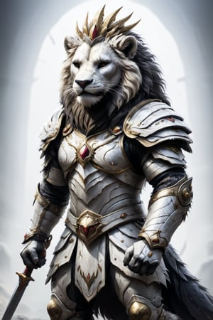 High Quality Illustration of black humanoid lion, wearing a majestic white armor, carrying a huge sword in his shoulders, it should be using a gold crown, resting before a furious battele with a dragon.