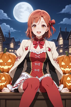 score_9, score_8_up, score_7_up A lone figure, Ayumu Uehara's striking red hair illuminated by the eerie glow of jack-o-lanterns, sits amidst a darkened room bathed in an otherworldly light. The full moon casts an argent sheen on her medium-length locks, parted bangs framing her excited face. Sexy cosplay and glittering ultra-detailed jewels with a small cross gleam under the flickering candlelight. As she indulges in a marathon gaming session, oblivious to the apocalyptic chaos surrounding her, bloodthirsty zombies swarm the periphery, their cadaverous forms bathed in a crimson rain that seems to come from nowhere. The one-winged eagle emblem on his coat glows with an eerie intensity, as if sensing the approaching doom. Anime-style masterpieces get more detailed than this 8K artwork, where colors and anatomy converge to create a work of Halloween beauty, perfect for Love Live fans and enthusiasts, 1girl,ayumu uehara