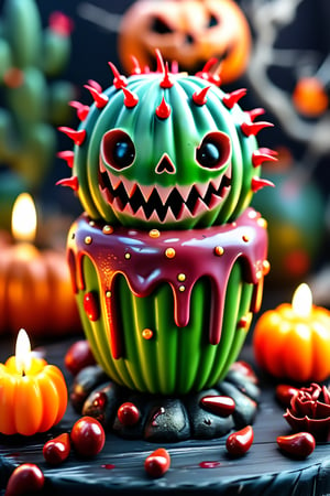 Masterpice, highest quality, perfect colors, extremely detailed, beautiful art, dark art, gothic style, The creepy Halloween dessert features a lone bloody cactus creature standing tall with a creepy smile on its face, foaming at human remains. Around the cake, so many bloody eyeballs search the dark unconscious speechless.,hall0ween,h4l0w3n5l0w5tyl3DonML1gh7,h4l0w3n5l0w5tyl3M3rg34ll,dal,Cartoon,Halloween_Figure,Halloween anime style,halloween,halloween themed 