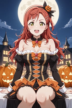 score_9, score_8_up, score_7_up A lone figure, Ayumu Uehara's striking red hair illuminated by the eerie glow of jack-o-lanterns, sits amidst a darkened room bathed in an otherworldly light. The full moon casts an argent sheen on her medium-length locks, parted bangs framing her excited face. Sexy cosplay and glittering ultra-detailed jewels with a small cross gleam under the flickering candlelight. As she indulges in a marathon gaming session, oblivious to the apocalyptic chaos surrounding her, bloodthirsty zombies swarm the periphery, their cadaverous forms bathed in a crimson rain that seems to come from nowhere. The one-winged eagle emblem on his coat glows with an eerie intensity, as if sensing the approaching doom. Anime-style masterpieces get more detailed than this 8K artwork, where colors and anatomy converge to create a work of Halloween beauty, perfect for Love Live fans and enthusiasts, 1girl,ayumu uehara