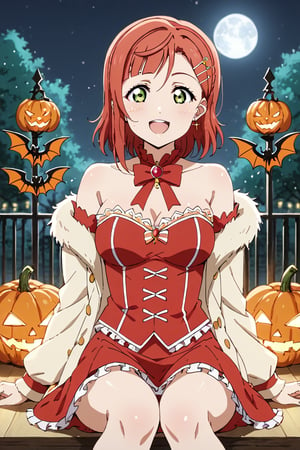 score_9, score_8_up, score_7_up A lone figure, Ayumu Uehara's striking red hair illuminated by the eerie glow of jack-o-lanterns, sits amidst a darkened room bathed in an otherworldly light. The full moon casts an argent sheen on her medium-length locks, parted bangs framing her excited face. Sexy cosplay and glittering ultra-detailed jewels with a small cross gleam under the flickering candlelight. As she indulges in a marathon gaming session, oblivious to the apocalyptic chaos surrounding her, bloodthirsty zombies swarm the periphery, their cadaverous forms bathed in a crimson rain that seems to come from nowhere. The one-winged eagle emblem on his coat glows with an eerie intensity, as if sensing the approaching doom. Anime-style masterpieces get more detailed than this 8K artwork, where colors and anatomy converge to create a work of Halloween beauty, perfect for Love Live fans and enthusiasts, 1girl,ayumu uehara