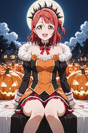 score_9, score_8_up, score_7_up A lone figure, Ayumu Uehara's striking red hair illuminated by the eerie glow of jack-o-lanterns, sits amidst a darkened room bathed in an otherworldly light. The full moon casts an argent sheen on her medium-length locks, parted bangs framing her excited face. Sexy cosplay and glittering ultra-detailed jewels with a small cross gleam under the flickering candlelight. As she indulges in a marathon gaming session, oblivious to the apocalyptic chaos surrounding her, bloodthirsty zombies swarm the periphery, their cadaverous forms bathed in a crimson rain that seems to come from nowhere. The one-winged eagle emblem on his coat glows with an eerie intensity, as if sensing the approaching doom. Anime-style masterpieces get more detailed than this 8K artwork, where colors and anatomy converge to create a work of Halloween beauty, perfect for Love Live fans and enthusiasts, 1girl,ayumu uehara