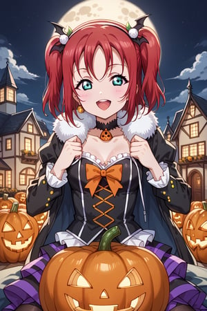 A lone figure, Ruby Kurosawa's striking red hair illuminated by the eerie glow of jack-o-lanterns, sits amidst a darkened room bathed in an otherworldly light. The full moon casts an argent sheen on her medium-length locks, parted bangs framing her excited face. Sexy cosplay and glittering ultra-detailed jewels with a small cross gleam under the flickering candlelight. As she indulges in a marathon gaming session, oblivious to the apocalyptic chaos surrounding her, bloodthirsty zombies swarm the periphery, their cadaverous forms bathed in a crimson rain that seems to come from nowhere. The one-winged eagle emblem on his coat glows with an eerie intensity, as if sensing the approaching doom. Anime-style masterpieces don't get more detailed than this 8K artwork, where colors and anatomy converge to create a work of Halloween beauty, perfect for Love Live fans and enthusiasts alike.,score_9,score_8_up,score_7_up,halloween style, 1girl, ruby kurosawa,shiny