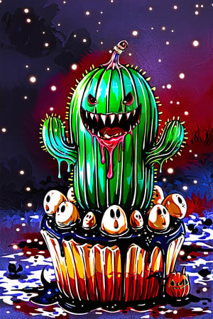 Masterpice, highest quality, perfect colors, extremely detailed, beautiful art, dark art, gothic style, The creepy Halloween dessert features a lone bloody cactus creature standing tall with a creepy smile on its face, foaming at human remains. Around the cake, so many bloody eyeballs search the dark unconscious speechless.,hall0ween,h4l0w3n5l0w5tyl3DonML1gh7,h4l0w3n5l0w5tyl3M3rg34ll,dal,Cartoon,Halloween_Figure,Halloween anime style,halloween,halloween themed 