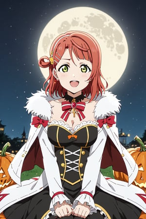 score_9, score_8_up, score_7_up A lone figure, Ayumu Uehara's striking red hair illuminated by the eerie glow of jack-o-lanterns, sits amidst a darkened room bathed in an otherworldly light. The full moon casts an argent sheen on her medium-length locks, parted bangs framing her excited face. Sexy cosplay and glittering ultra-detailed jewels with a small cross gleam under the flickering candlelight. As she indulges in a marathon gaming session, oblivious to the apocalyptic chaos surrounding her, bloodthirsty zombies swarm the periphery, their cadaverous forms bathed in a crimson rain that seems to come from nowhere. The one-winged eagle emblem on his coat glows with an eerie intensity, as if sensing the approaching doom. Anime-style masterpieces get more detailed than this 8K artwork, where colors and anatomy converge to create a work of Halloween beauty, perfect for Love Live fans and enthusiasts, 1girl,ayumu uehara