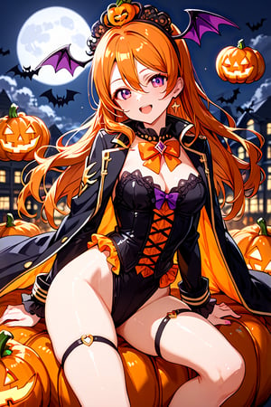 score_9, score_8_up, score_7_up A lone figure, Kanon Shibuya's striking red hair illuminated by the eerie glow of jack-o-lanterns, sits amidst a darkened room bathed in an otherworldly light. The full moon casts an argent sheen on her medium-length locks, parted bangs framing her excited face. Sexy cosplay and glittering ultra-detailed jewels with a small cross gleam under the flickering candlelight. As she indulges in a marathon gaming session, oblivious to the apocalyptic chaos surrounding her, bloodthirsty zombies swarm the periphery, their cadaverous forms bathed in a crimson rain that seems to come from nowhere. The one-winged eagle emblem on his coat glows with an eerie intensity, as if sensing the approaching doom. Anime-style masterpieces get more detailed than this 8K artwork, where colors and anatomy converge to create a work of Halloween beauty, perfect for Love Live fans and enthusiasts alike.,score_9,score_8_up,score_7_up,halloween style, 1girl, shiny,KanonShibuyaPONY2,purple eyes,long hair,orange hair,hair between eyes,shibuyakanon