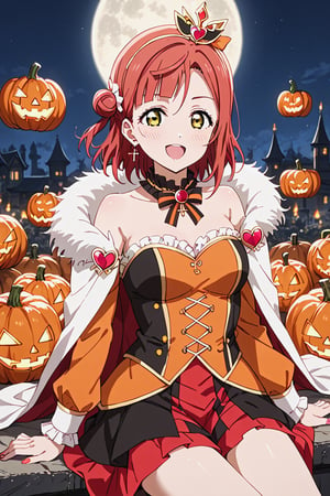 score_9, score_8_up, score_7_up A lone figure, Ayumu Uehara's striking red hair illuminated by the eerie glow of jack-o-lanterns, sits amidst a darkened room bathed in an otherworldly light. The full moon casts an argent sheen on her medium-length locks, parted bangs framing her excited face. Sexy cosplay and glittering ultra-detailed jewels with a small cross gleam under the flickering candlelight. As she indulges in a marathon gaming session, oblivious to the apocalyptic chaos surrounding her, bloodthirsty zombies swarm the periphery, their cadaverous forms bathed in a crimson rain that seems to come from nowhere. The one-winged eagle emblem on his coat glows with an eerie intensity, as if sensing the approaching doom. Anime-style masterpieces get more detailed than this 8K artwork, where colors and anatomy converge to create a work of Halloween beauty, perfect for Love Live fans and enthusiasts, 1girl,ayumu uehara