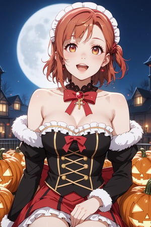 score_9, score_8_up, score_7_up A lone figure, Ayumu Uehara's striking red hair illuminated by the eerie glow of jack-o-lanterns, sits amidst a darkened room bathed in an otherworldly light. The full moon casts an argent sheen on her medium-length locks, parted bangs framing her excited face. Sexy cosplay and glittering ultra-detailed jewels with a small cross gleam under the flickering candlelight. As she indulges in a marathon gaming session, oblivious to the apocalyptic chaos surrounding her, bloodthirsty zombies swarm the periphery, their cadaverous forms bathed in a crimson rain that seems to come from nowhere. The one-winged eagle emblem on his coat glows with an eerie intensity, as if sensing the approaching doom. Anime-style masterpieces get more detailed than this 8K artwork, where colors and anatomy converge to create a work of Halloween beauty, perfect for Love Live fans and enthusiasts, 1girl,ayumu uehara