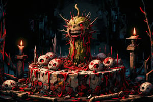 Masterpice, highest quality, perfect colors, extremely detailed, beautiful art, dark art, gothic style, The creepy Halloween dessert features a lone bloody cactus creature standing tall with a creepy smile on its face, foaming at human remains. Around the pumpkin cake, so many bloody eyeballs and bones search the dark unconscious speechless.,hall0ween,h4l0w3n5l0w5tyl3DonML1gh7,h4l0w3n5l0w5tyl3M3rg34ll,dal,Cartoon,Halloween_Figure,Halloween anime style,halloween,halloween themed,Junji Ito,Glitch Art Effect