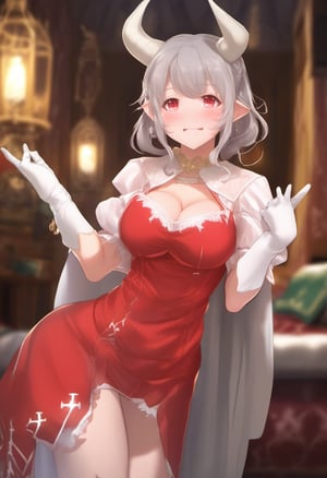 score_9, score_8_up, score_7_up, source_anime, solo, 1girl, gbfalicia, smile, looking at viewer, standing, hand on own chest, grey hair, pointy ears, horns, red dress, underboob cutout, center opening, puffy sleeves, white gloves, cross earrings, indoors 