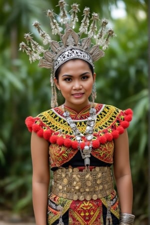 The full body image depicts a woman wearing a traditional IbanAttireXmiya from Sarawak, Malaysia, characterized by intricate craftsmanship and vibrant colors. She dons a silver, floral-adorned headpiece known as a "Sugu Tinggi," symbolizing beauty and prestige. Her beaded top, called "Baju Marik Empang," is detailed with yellow, red, and black geometric patterns, accented by red pom-poms along the edges, showcasing the Iban's beadwork artistry. cover her stomach.Around her waist is a belt made of gold or brass coins, adding an element of opulence, while her arms are adorned with multiple bangles, enhancing the ceremonial elegance. The outfit is worn during important cultural events, reflecting the heritage and pride of the Iban people.perfect anotomy perfect hand.beautiful fingers .perfect image model.,Lia model,Lia